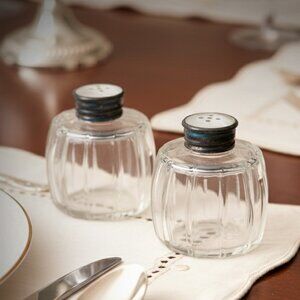 Vintage Pressed Glass Sterling .925 Salt & Pepper Shakers Mother of Pearl Retro